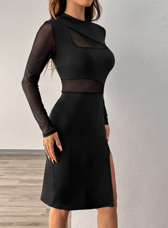 เดรสสีดำซีทรูแขนยาว ผ่าข้าง เซ็กซี่ หรูหรา ออกงานปาร์ตี้