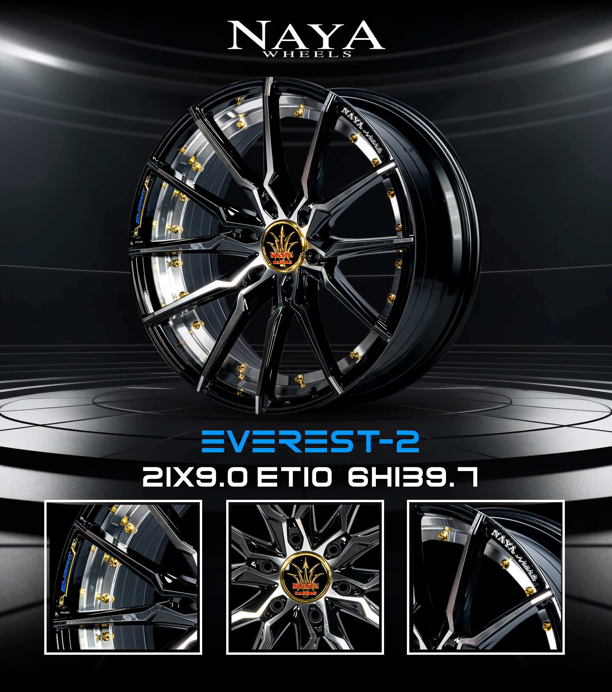 แม็กซ์ EVEREST-2 (9947) 21X9.0 6X139.7 ET10 CB.106 N-B-P-X (สีหน้าเงาร่องดำ CNC ท้องล้อ + ตัวหนังสือหมุดทอง)