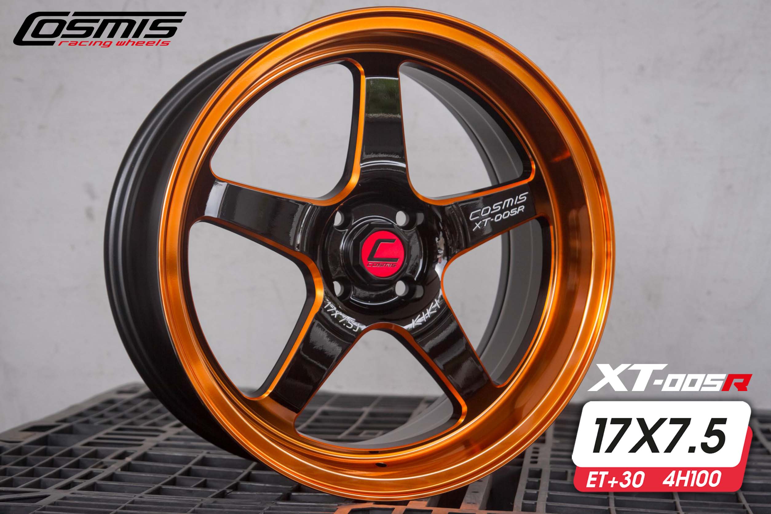 แม็กซ์ XT-005R(9909) 17X7.5 4X100 ET30 CB.73.1 B-LPPY-XZ (สีดำขอบOrangeGold+CNCตัวหนังสือ)