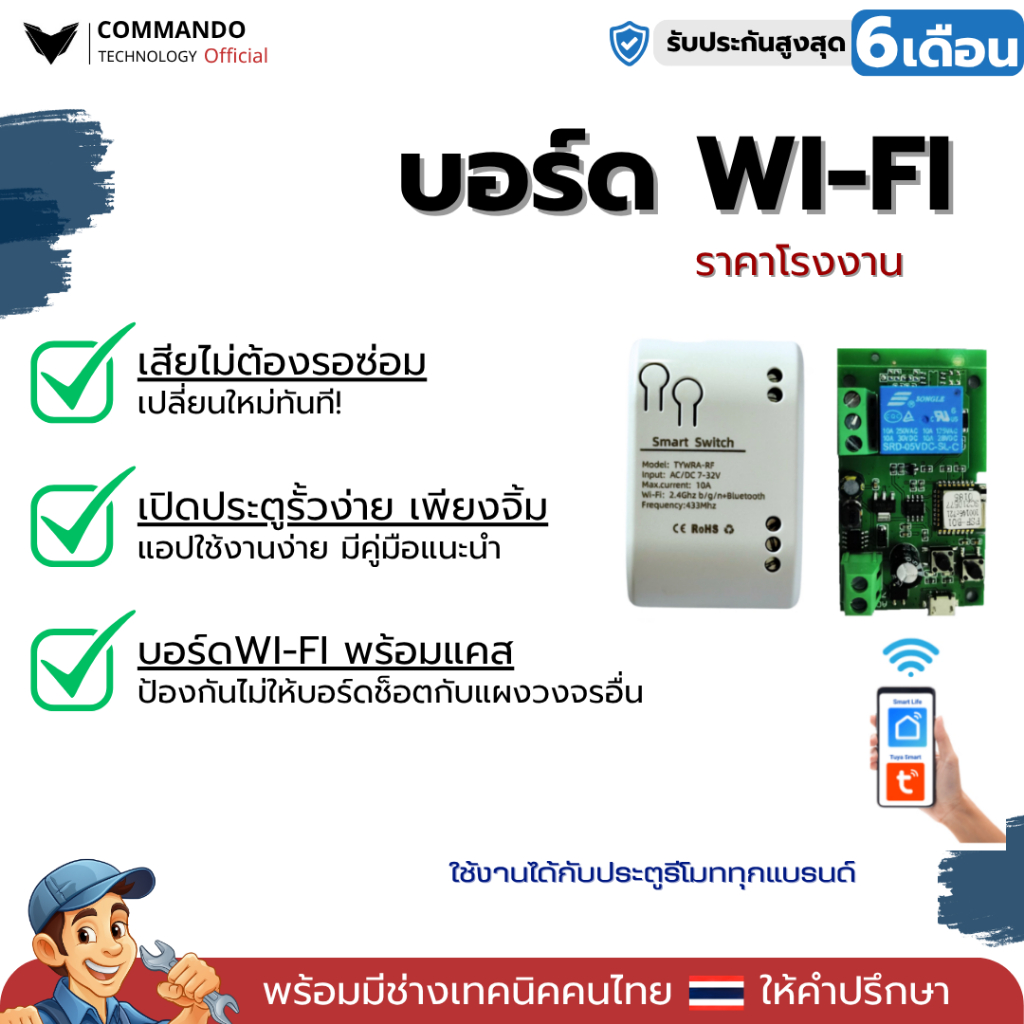บอร์ด WIFI สั่งงานผ่านมือถือ Tuya, Smart Life และ ewelink เปิด-ปิด มอเตอร์ประตูรีโมท ของแท้100%