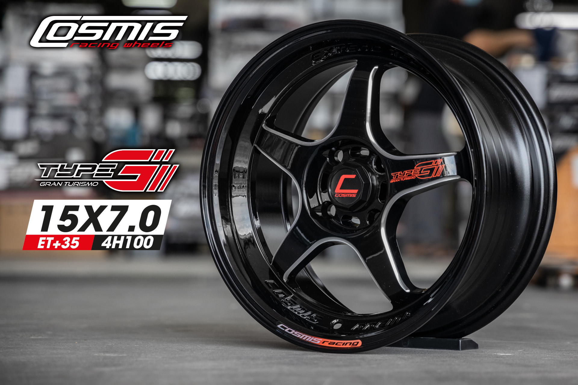 COSMIS TYPE G GRAN TURISMO 15X7.0 4H100 ET+35 (สีดำเงา CNC ข้างก้าน)