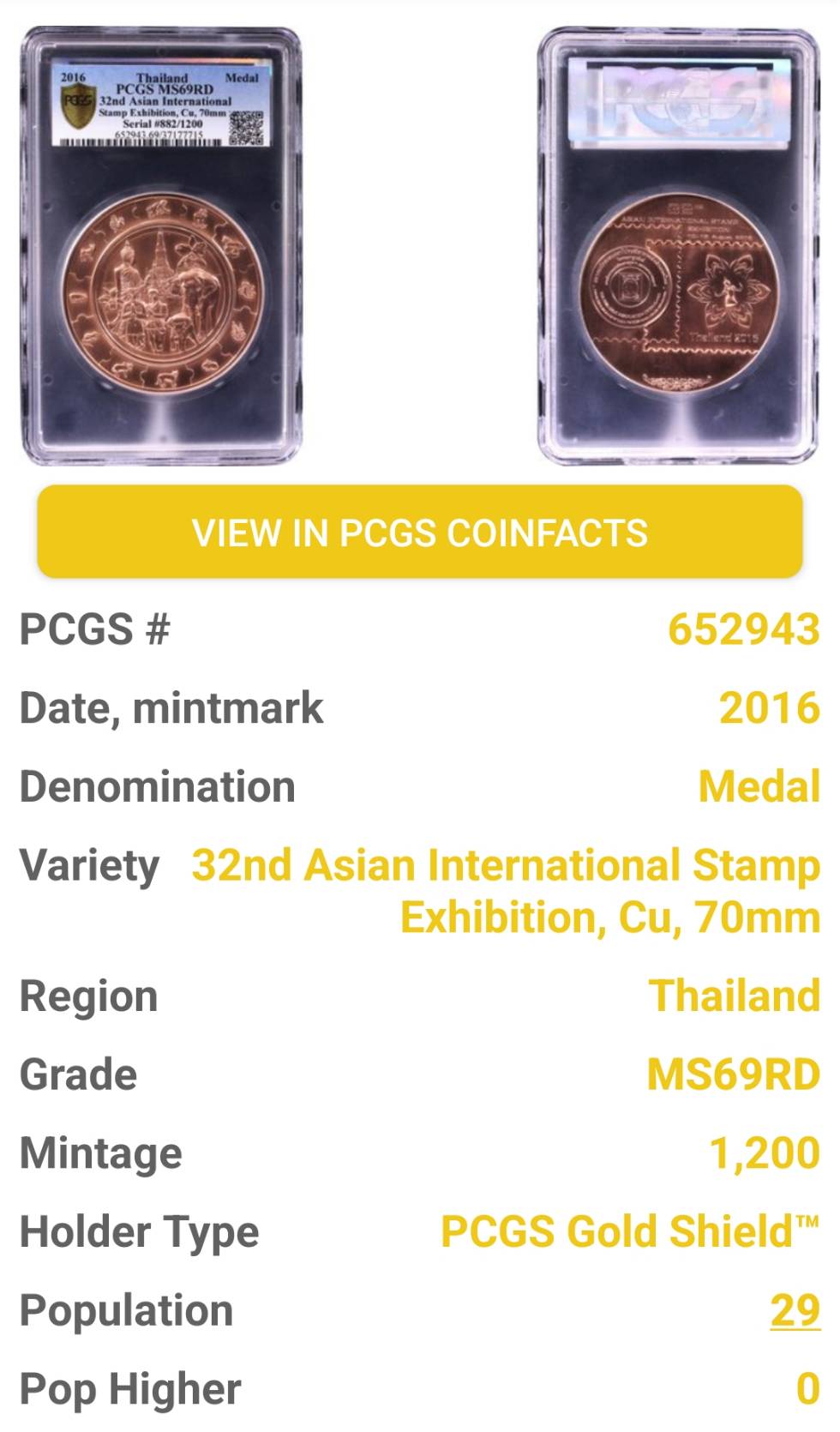 เหรียญที่ระลึกงานแสดงตราไปรษณียากรภาคพื้นเอเซีย ครั้งที่32 พร้อมตลับเกรด PCGS MS69