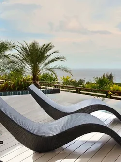 Synthetic rattan S shaped waterproof swimming pool chair wicker beach bed stacking sun lounger with cushions