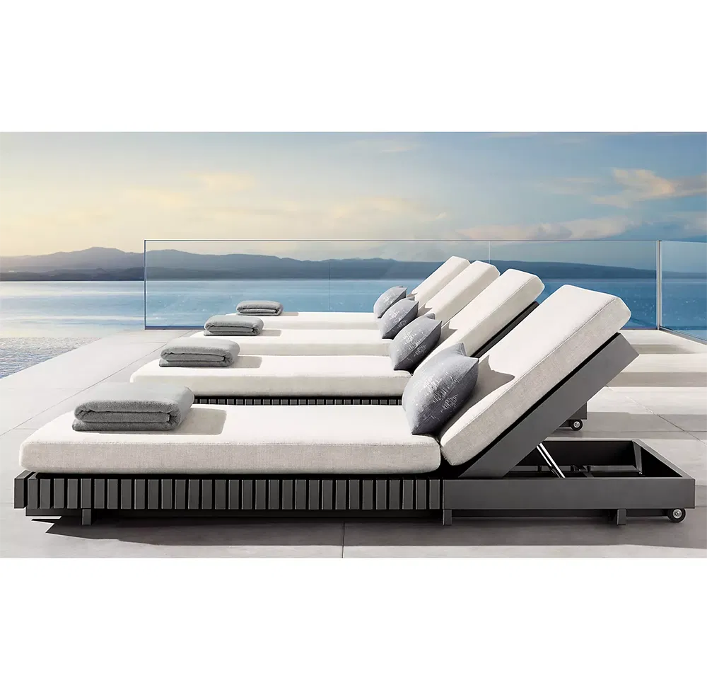 Modern Black Metal Sun Beds Outdoor Aluminum Chaise Lounge Sunbed with Wheel Hotel Aluminum Sun Lounger