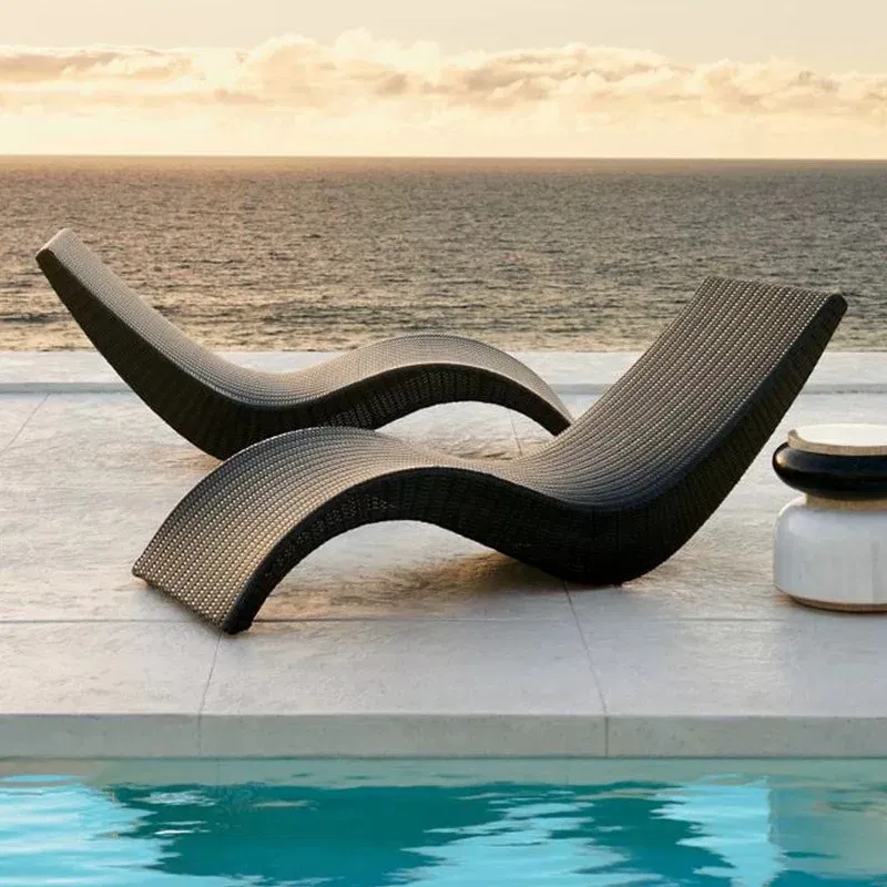 Synthetic rattan S shaped waterproof swimming pool chair wicker beach bed stacking sun lounger with cushions